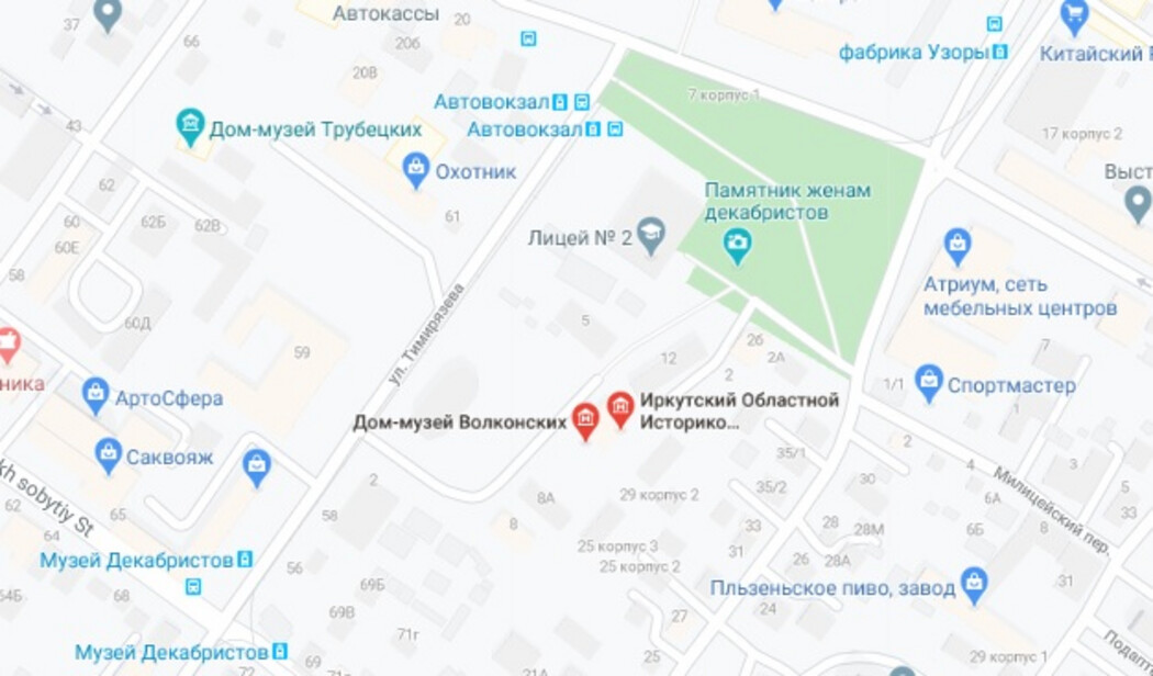 Сквер Волконских на карте города Иркутска